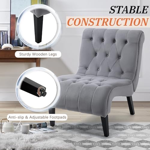 AVAWING Armless Tufted Velvet Accent Chair with Wood Legs, Grey