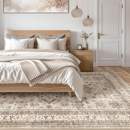 cotiled 5x7 Area Rug for Living Room, Washable, Traditional, Beige