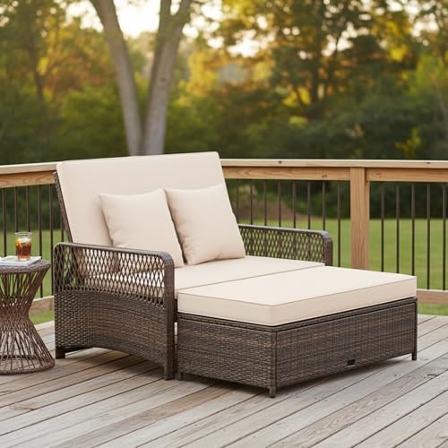 Tangkula Patio Rattan Daybed with 4-Level Adjustable Backrest, 2-Person Outdo...