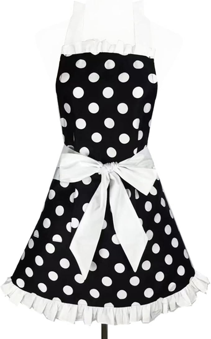 Hyzrz Cute Apron Retro Black Polka Dot Retro Ruffle Side Vintage Cooking Aprons by Hyzrz