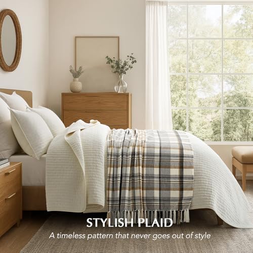 EverGrace Plaid Chenille Knit Throw Blanket, 50"x60", Grey & Beige