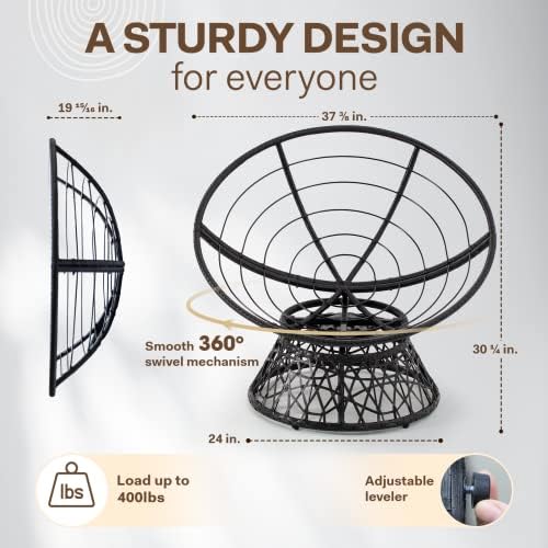 Bme 40" Wicker Papasan Chair, 360° Swivel, Onyx Stone - Black Base