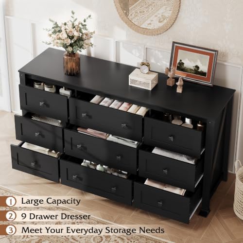 WLIVE 9 Drawer Dresser Black, 62" Wide Wooden Chest with Anti-Tip Structure