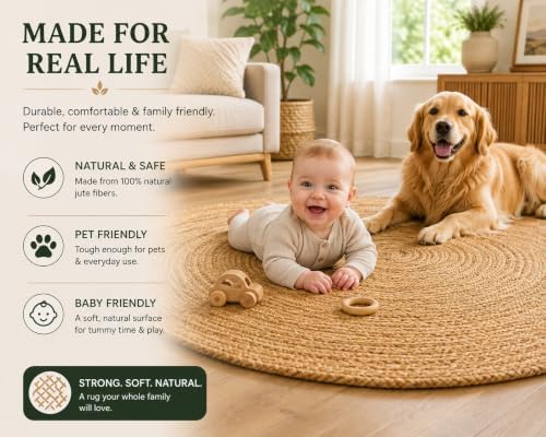 5 ft Round Handwoven 100% Natural Jute Area Rug, Reversible