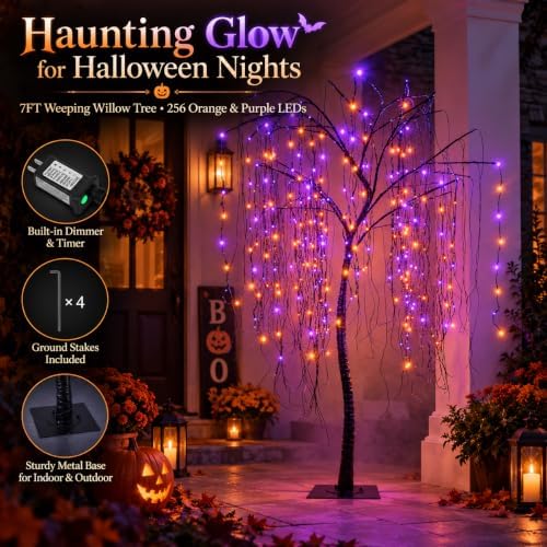 7 FT Halloween Lighted Willow Tree 256 LED Orange and Purple Lights Artificia...