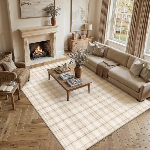 9x12 Beige Plaid Living Room Area Rug