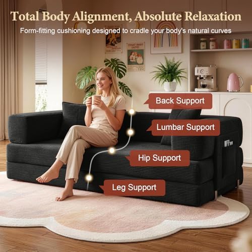 Convertible Futon Sofa Bed | 78.8” Corduroy Boneless Couch with Pull Out Sofa...