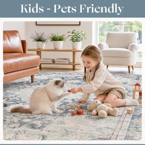 8x10 Blue Neutral Vintage Distressed Traditional Area Rug