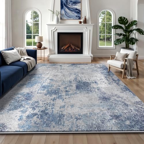 RUGIXE 5x7 ft Blue Washable Foam Area Rug, Modern Abstract for Living Room