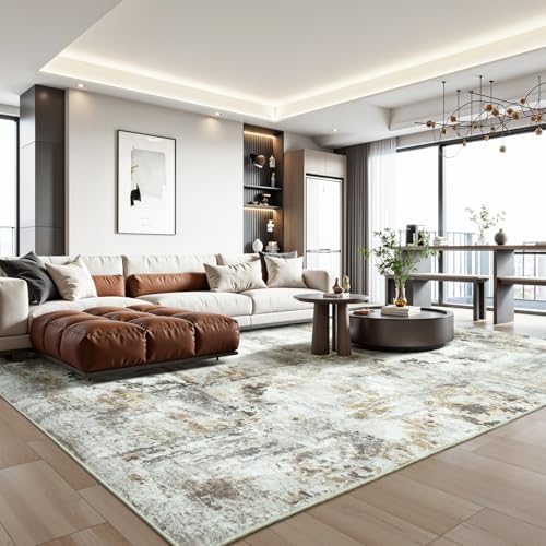 8x10 Area Rugs for Living Room, Washable Abstract Rug, Brown/Grey