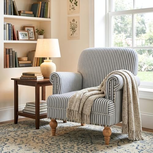 Blue Striped Linen Fabric Accent Chair, Coastal Upholstered Armchair with Nai...