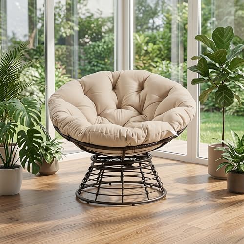 Cushion Papasan Swivel Chair, Ergonomic Wicker Round Chair with Thick Padding...