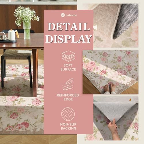 Lahome Floral Washable Rugs 5x7,Pink Vintage Rugs for Bedroom Girls