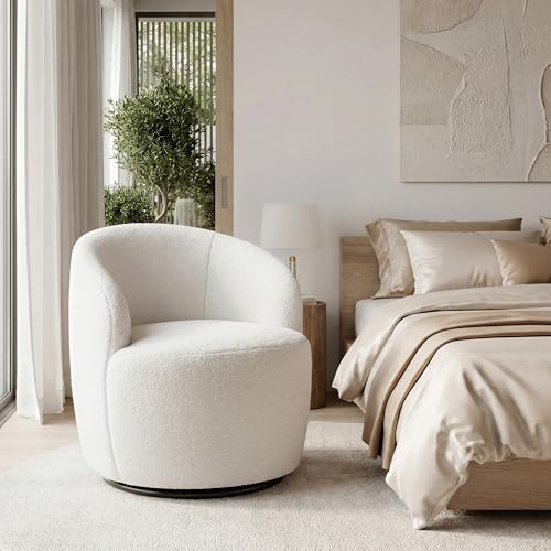 FOXHUNTER 360° Swivel Accent Chair, Barrel Chairs, Teddy Ivory