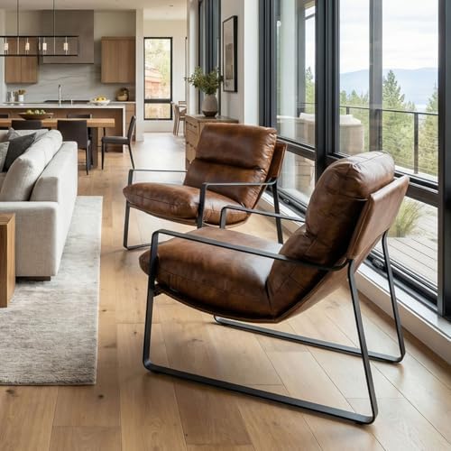 LukeAlon Set of 2 Modern PU Leather Accent Armchair, Retro Brown
