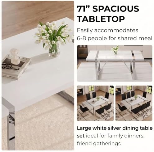 Ebullient White Dining Table Set for 8，Rectangular MDF Kitchen Table and Leat...