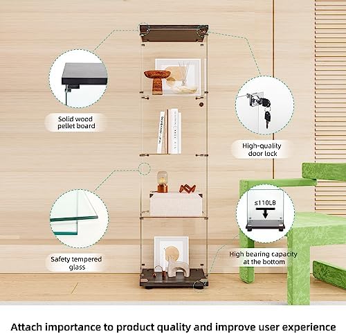 FLYMUHJIA Curio Cabinet Glass Display Case for Collectibles with Door, 4 Disp...