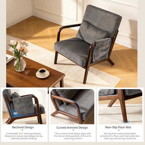 Mid Century Modern Accent Chair with Pocket, Solid Wood Armchair, Dark Gray