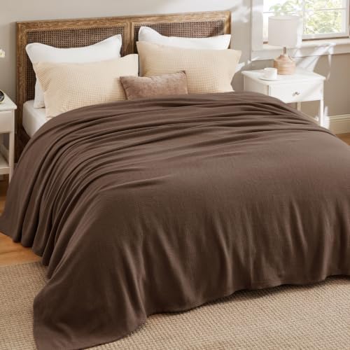 Bedsure 100% Cotton Blanket, Herringbone Weave, Queen Size, Brown