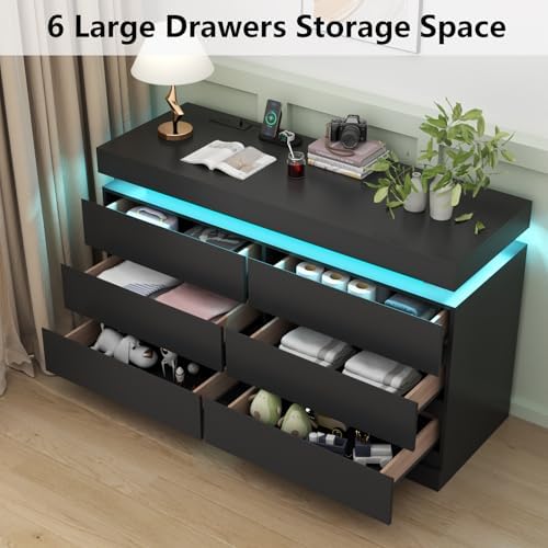 Gyfimoie 6 Drawer Dresser with Power Outlet, Dresser with LED Light