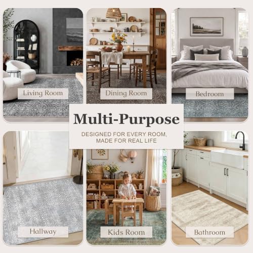 Grey 5x7 Area Rug for Living Room Bedroom Dorm Washable Rugs