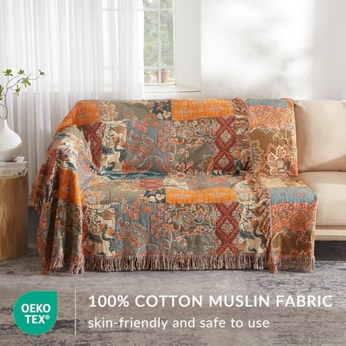 Bailix Boho Throw Blanket, 100% Cotton, Woven Floral Pattern, 60"x80"