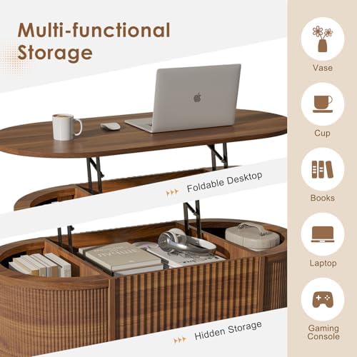 LYNCOHOME Fluted Lift Top Coffee Table with Storage,Modern Oval Coffee Table ...