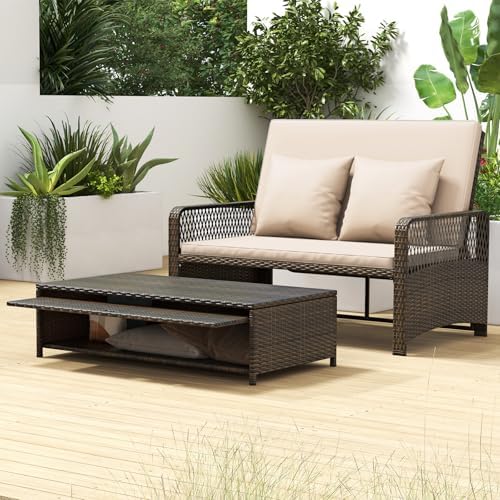 Tangkula Patio Rattan Daybed with 4-Level Adjustable Backrest, 2-Person Outdo...