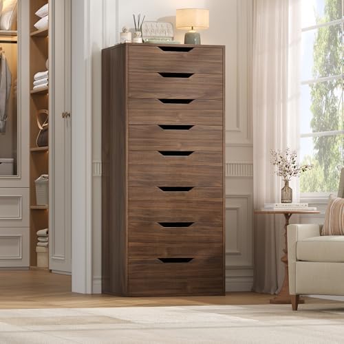 FACBOTALL 44.5" Tall Walnut Dresser, 8 Drawer Dresser with Groove Handles