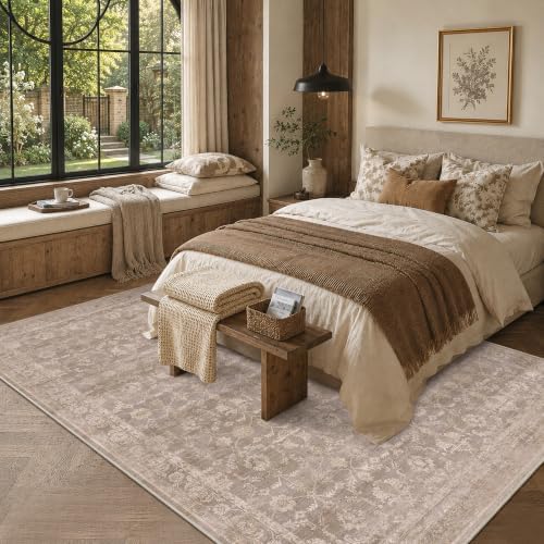 Living Room Washable 8x10 Area Rug Soft Boho Large Carpet Light Taupe