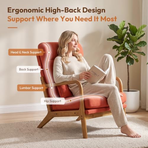 Bonnlo High Back Linen Burnt Orange Mid Century Modern Accent Chair, Soild Wo...