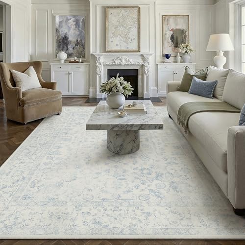 PureCozy 8x10 Blue Area Rug Washable Non Slip Large Vintage Living Room