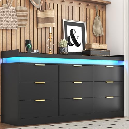 9 Drawer Dresser for Bedroom, Black Dresser with LED Lights and Power Outlet,...