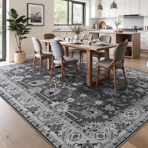 Hanples 9x12 Area Rugs for Living Room, Washable Rug Vintage Floral, Gray