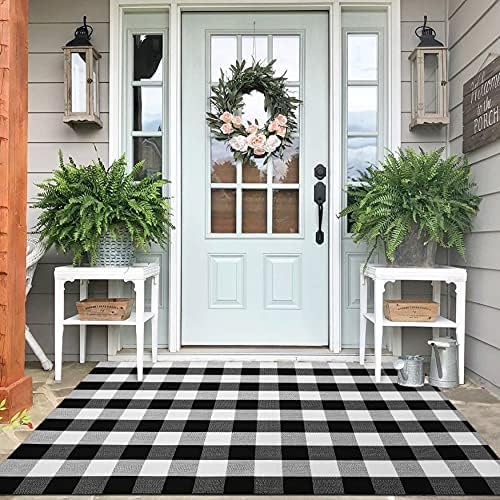 4x6 Buffalo Plaid Outdoor Rug, Washable Front Porch, Black White | Woven cotton checkered outdoor rug for porches and entryways, black and white washable decor for indoor outdoor use