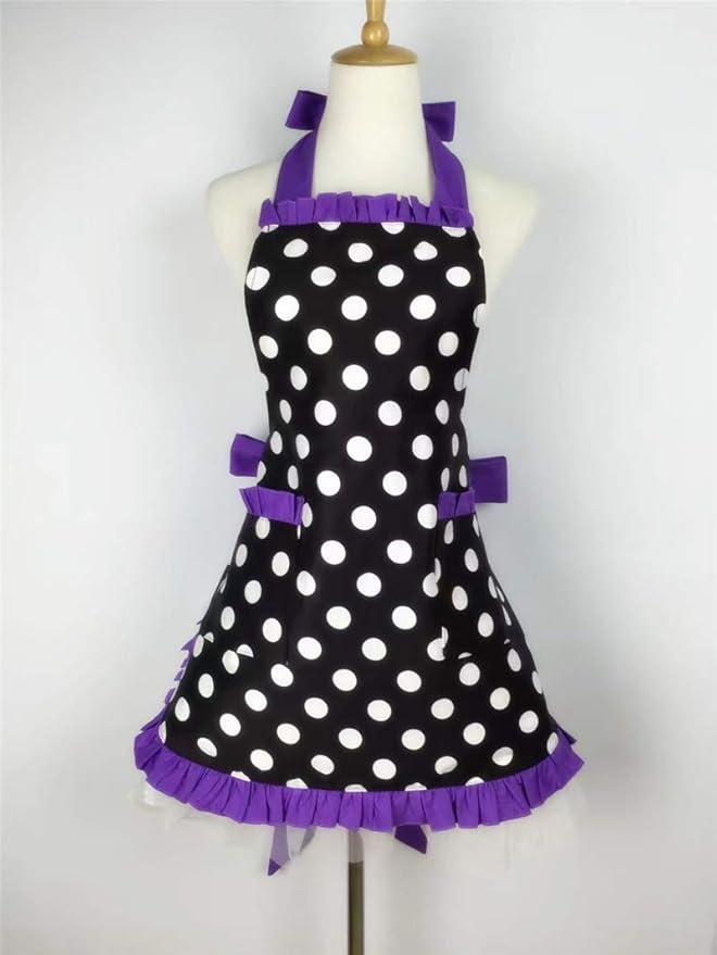 Hyzrz Cute Apron Retro Black Polka Dot Retro Ruffle Side Vintage Cooking Aprons - Image 4