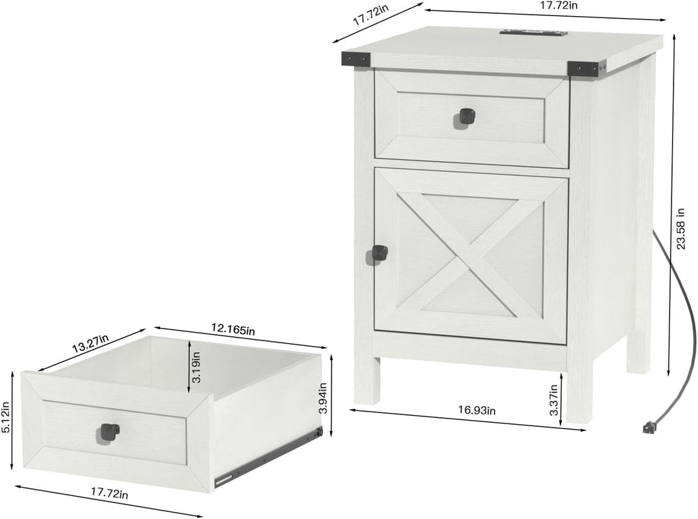 Farmhouse Nightstand with Charging Station, White Side Table, Rustic End Tabl...