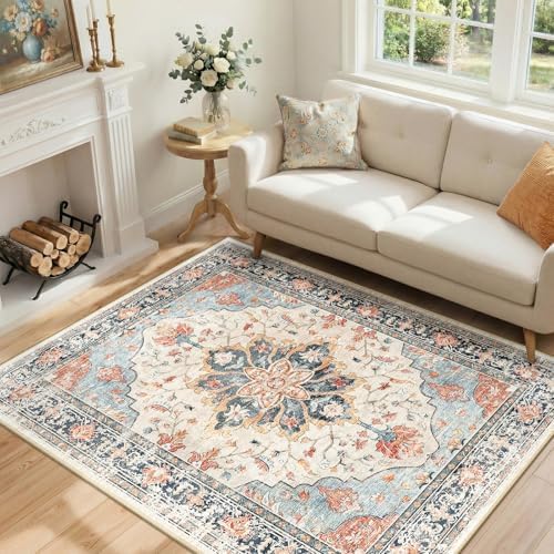 RELEANY Washable Area Rug, 5'x7', Beige/Blue/Orange