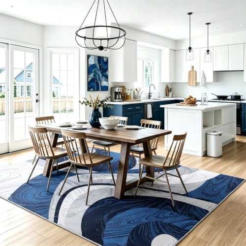 4x5 Area Rugs for Living Room, Modern Abstract Washable Rugs Blue Grey