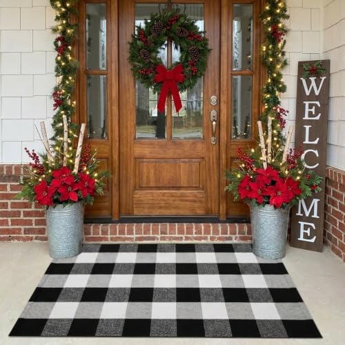 Buffalo Plaid Outdoor Rug 27.5" x 43" Black and White Checkered Area Rug Washable Doormats Indoor Outdoor Rugs for Layered Front Door Mats, Porch, Entryway, Kitchen, Farmhouse