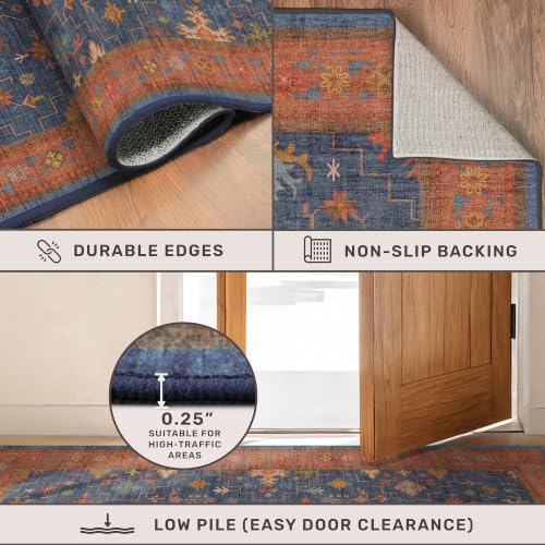 Washable Navy Blue Living Room Rug, 8x10 Area Rug For Bedroom, Dining Room Ru...