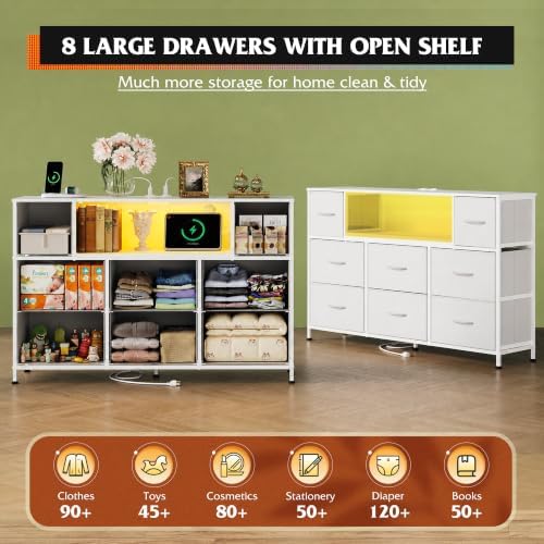 WLIVE LED Dresser TV Stand for 55 Inch TV, 8 Drawers, White