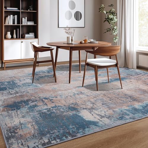 Kelarea Washable Area Rug 5x7, Non-Slip Low Pile Abstract Beige Blue