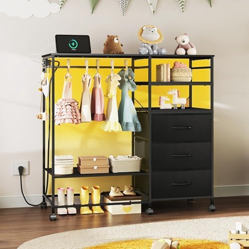 WLIVE LED Dresser for Bedroom, 3 Drawers with Hanging Rack, Black