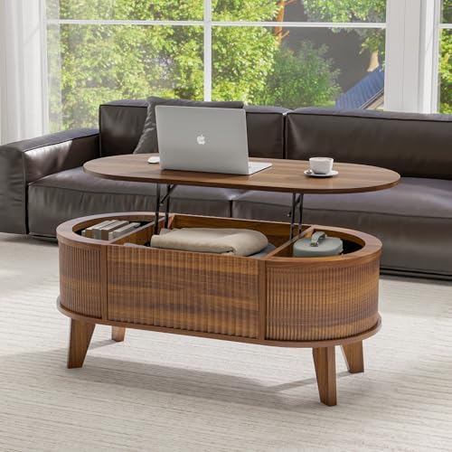 LYNCOHOME Fluted Lift Top Coffee Table with Storage,Modern Oval Coffee Table ...