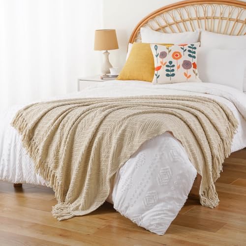 BATTILO HOME Beige Throw Blankets for Couch, Knitted Tan Throw Blanket for Tw...