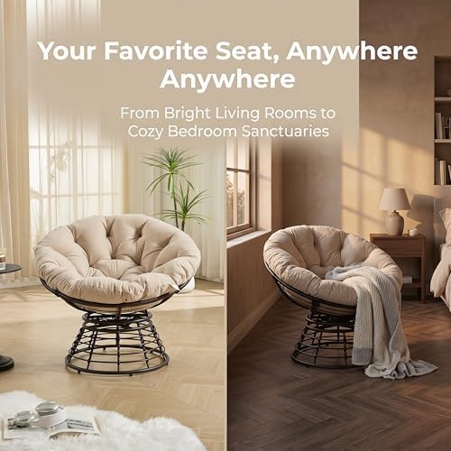 Cushion Papasan Swivel Chair, Ergonomic Wicker Round Chair with Thick Padding...