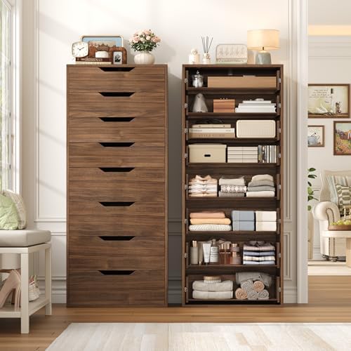 FACBOTALL 44.5" Tall Walnut Dresser, 8 Drawer Dresser with Groove Handles