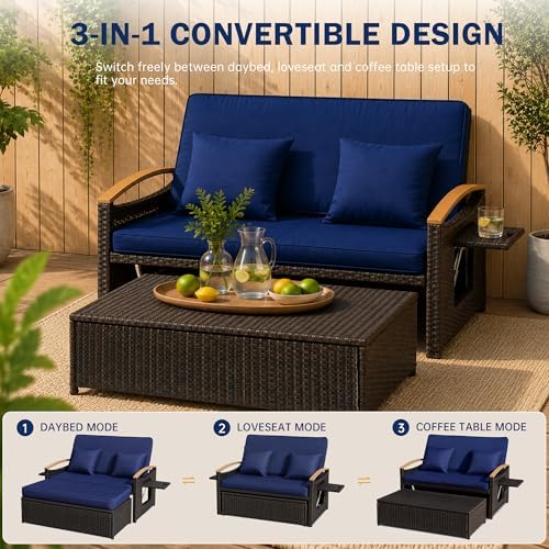 Outdoor Patio Rattan Daybed, Navy Blue/Rustic Brown