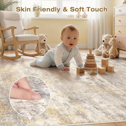 cotiled 8x10 Area Rugs Living Room: Washable Abstract Rug Gold Grey Brown